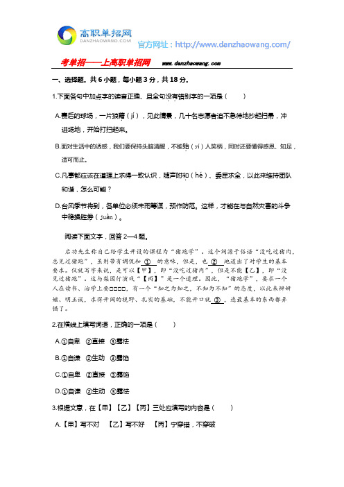 2016湖南三一工业职业技术学院单招测试题附答案(语文)
