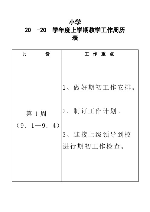 小学2011-2012学年度上学期教学工作周历表