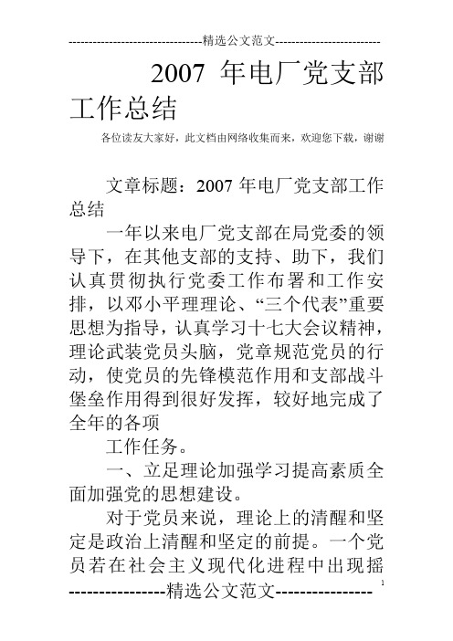 2007年电厂党支部工作总结