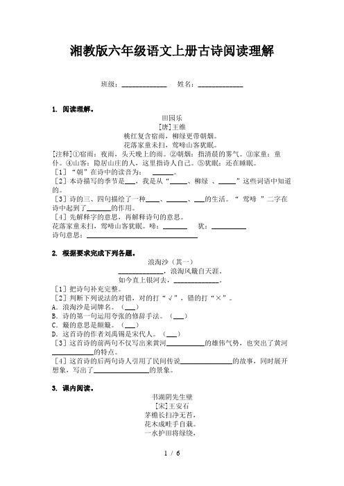 湘教版六年级语文上册古诗阅读理解