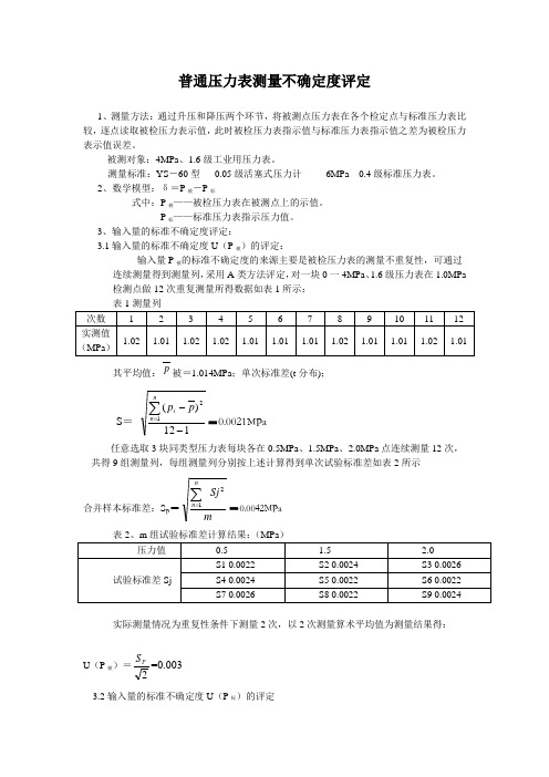 普通压力表测量不确定度评定