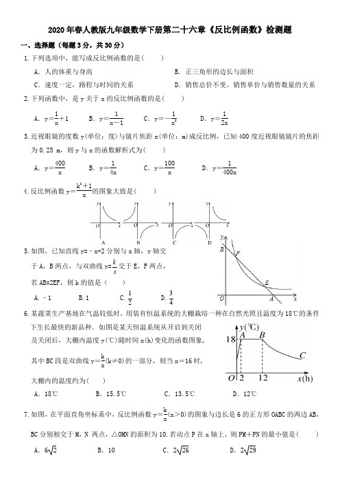 2020年春人教版九年级数学下册第二十六章《反比例函数》检测题 含答案