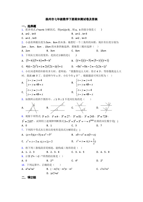 扬州市七年级数学下册期末测试卷及答案