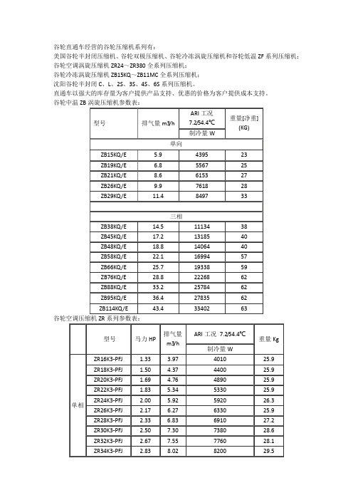 谷轮压缩机参数表