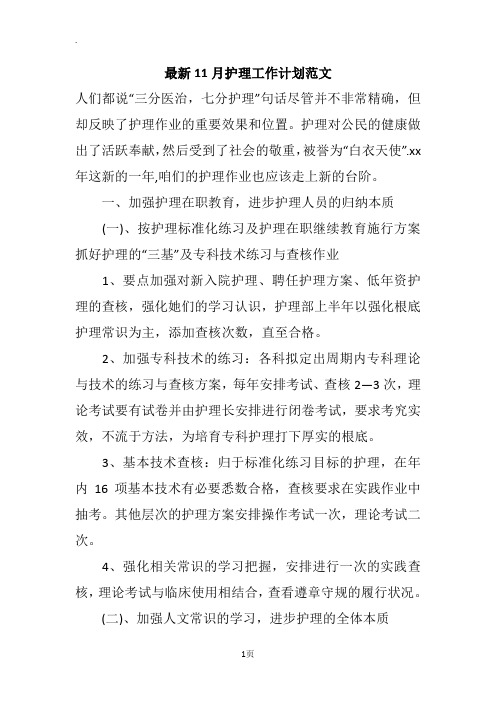 最新11月护理工作计划范文