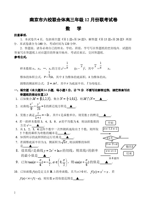 江苏省南京市六校联合体2019届高三上学期12月联考(数学)含答案