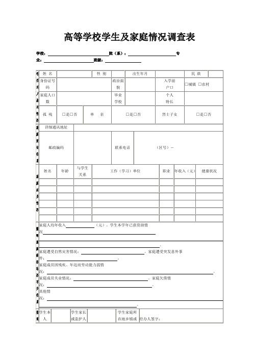 高校学生家庭情况调查表模板