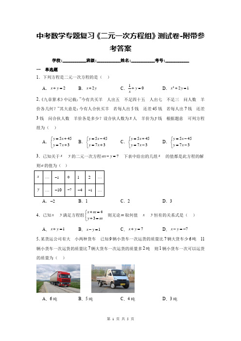 中考数学专题复习《二元一次方程组》测试卷-附带参考答案