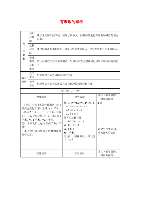 新人教版七年级上册数学《有理数的减法》教案