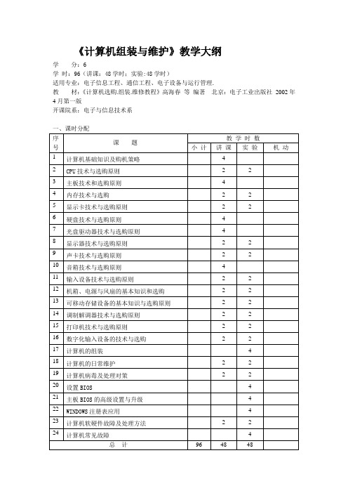 计算机组装与维护教学大纲