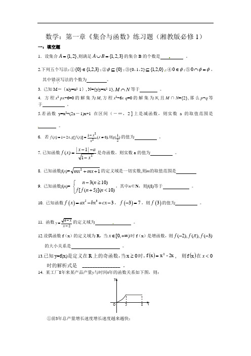 高一数学试题-湘教版高中数学(必修1)单元测试-第一章集合与函数(一) 最新