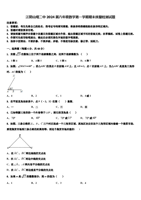 江阴山观二中2024届八年级数学第一学期期末质量检测试题含解析