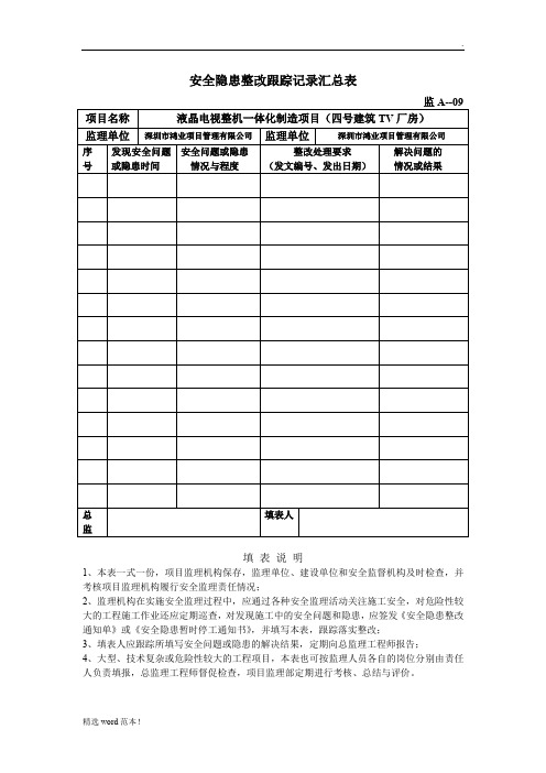 安全隐患整改跟踪记录汇总表