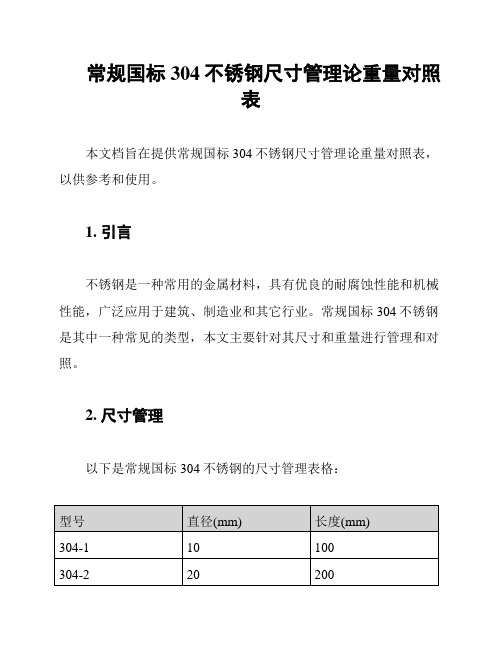 常规国标304不锈钢尺寸管理论重量对照表