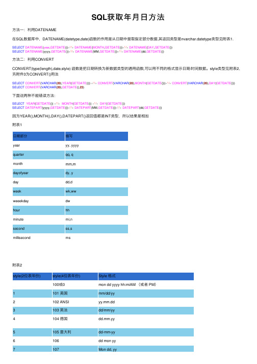 SQL获取年月日方法