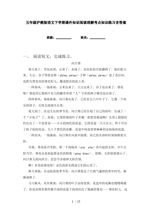 五年级沪教版语文下学期课外知识阅读理解考点知识练习含答案