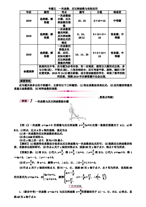 河北省2019年中考数学专题5一次函数反比例函数与实际应用精讲试题