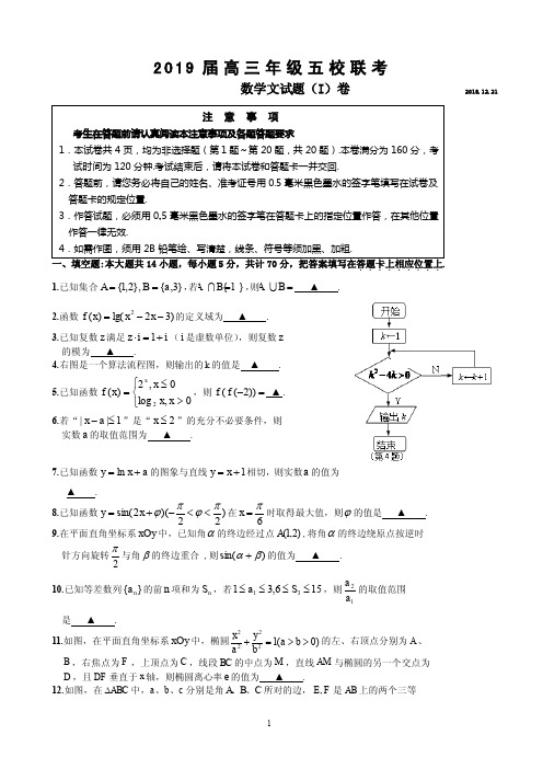 江苏省五校2019届高三12月联考数学(文)试卷试卷及答案