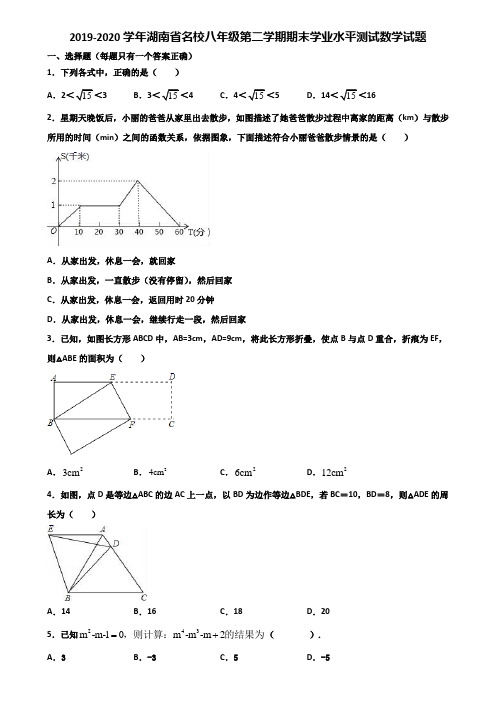 2019-2020学年湖南省名校八年级第二学期期末学业水平测试数学试题含解析