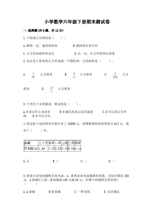 小学数学六年级下册期末测试卷必考题