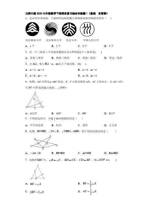 北师大版2020七年级数学下册期末复习综合训练题1(基础  含答案)