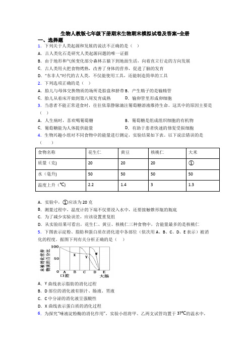 生物人教版七年级下册期末生物期末模拟试卷及答案-全册