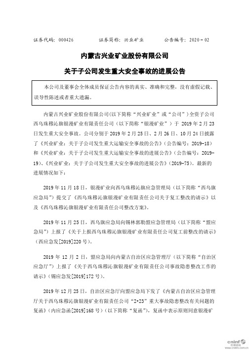 兴业矿业：关于子公司发生重大安全事故的进展公告