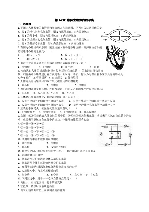 八年级上生物第14章 维持生物体内的平衡 单元测试