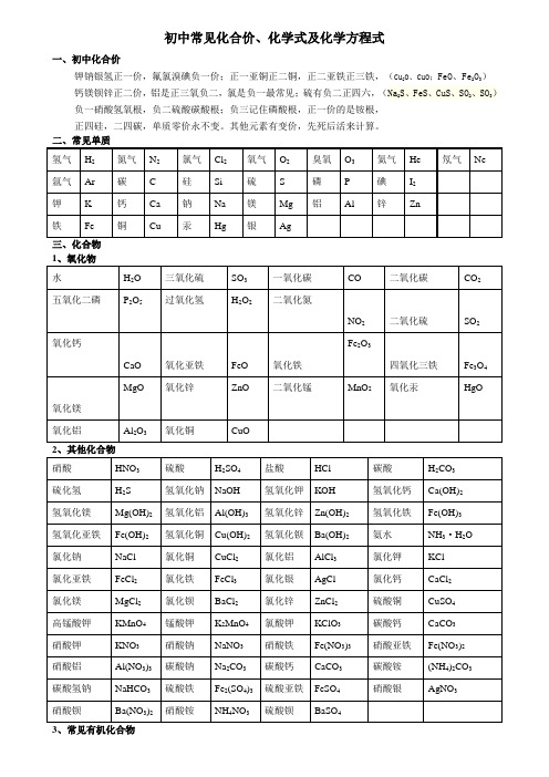 初中常见化合价、化学式及化学方程式