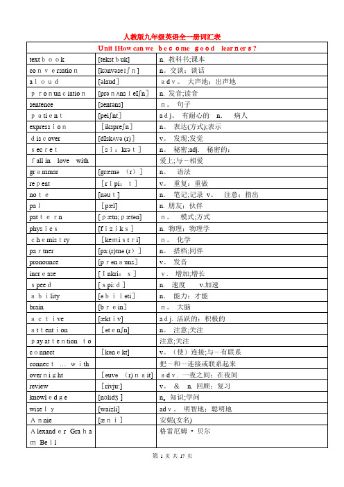 人教版九年级全册英语单词词汇表