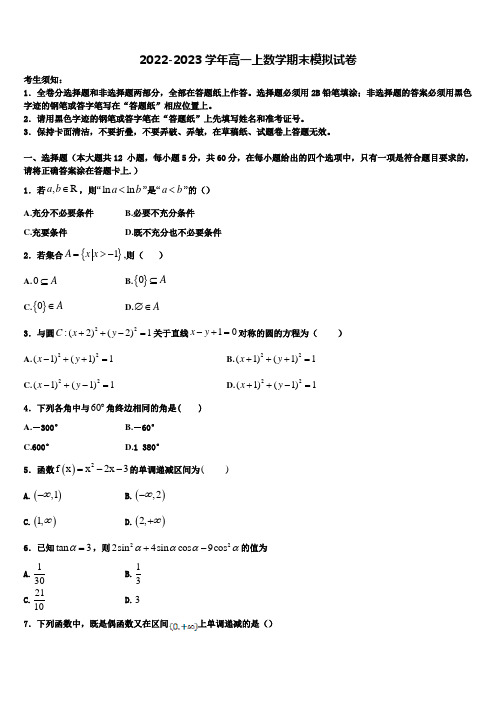 2022-2023学年天津市东丽区天津耀华滨海学校高一上数学期末综合测试模拟试题含解析