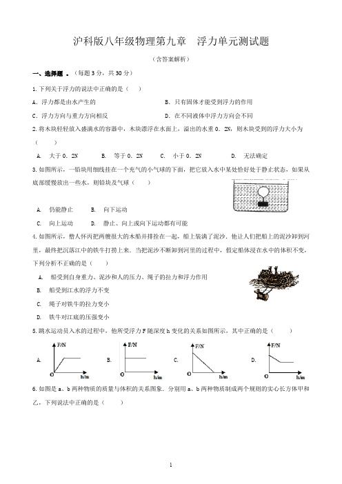 沪科版八年级物理第九章浮力复习检测试题(含答案)