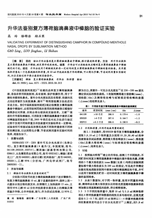 升华法鉴别复方薄荷脑滴鼻液中樟脑的验证实验