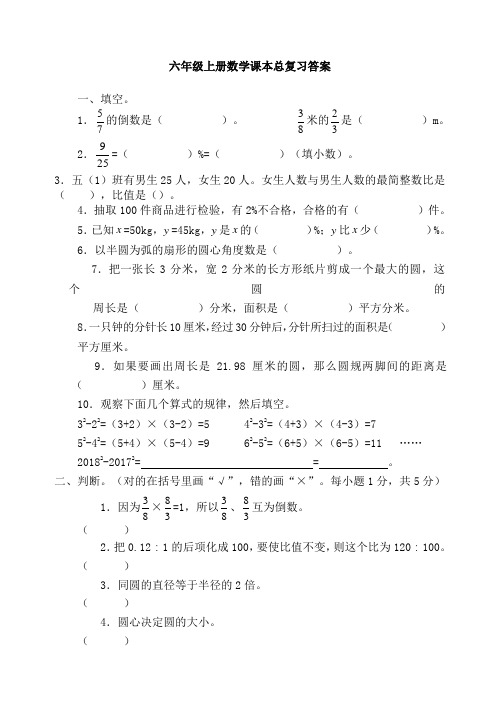 六年级上册数学课本总复习答案