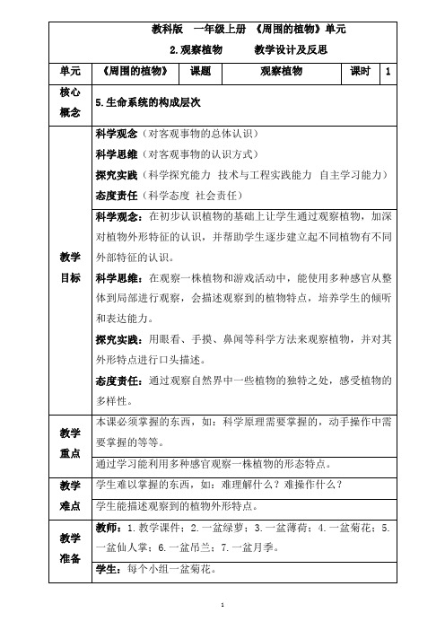 教科版科学一年级上册1.2《观察植物》教学设计