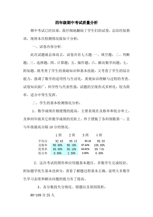 数学四年级下册期中考试质量分析