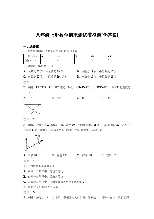 八年级上册数学期末测试模拟题AON[含答案]