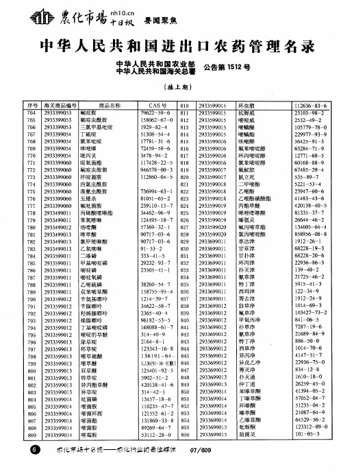 中华人民共和国进出口农药管理名录中华人民共和国农业部中华人民共和国海关总署公告第1512号