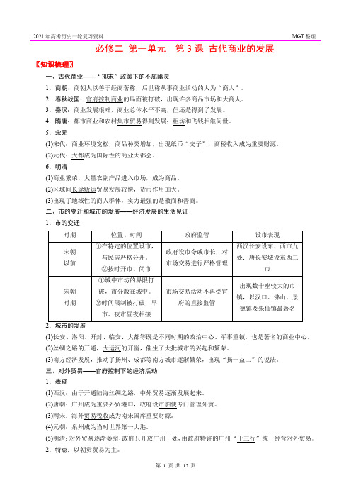 必修二 第一单元 第3课 古代商业的发展 知识点及真题训练(2010-2020年 含参考答案)