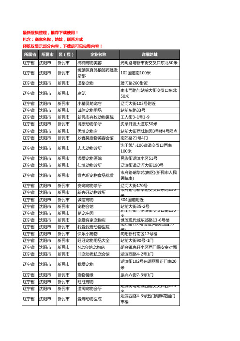 新版辽宁省沈阳市新民市宠物企业公司商家户名录单联系方式地址大全38家