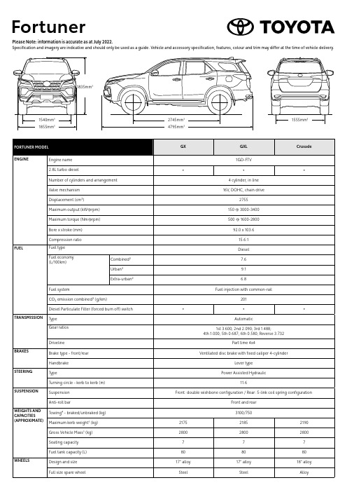 丰田 福特纳 GX GXL 巡航版 技术规格说明书