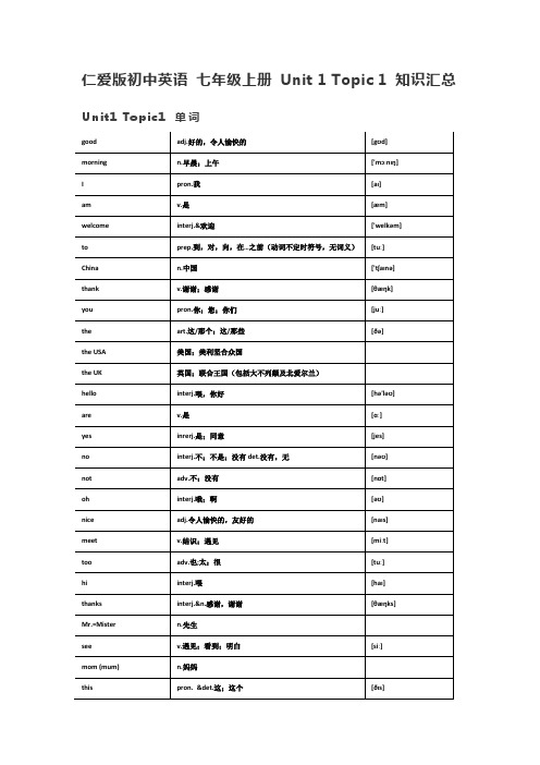 仁爱版初中英语 七年级上册 Unit 1 Topic 1 知识汇总