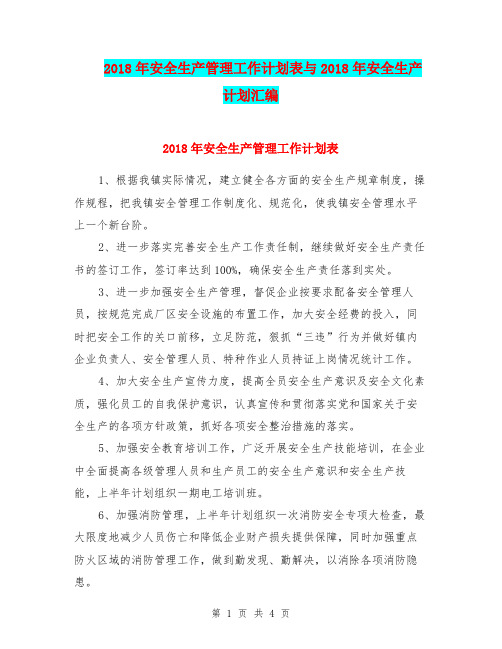 2018年安全生产管理工作计划表与2018年安全生产计划汇编.doc