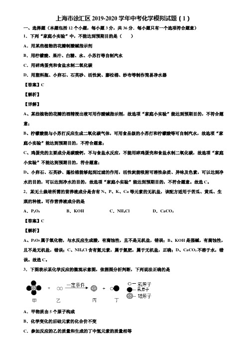 上海市徐汇区2019-2020学年中考化学模拟试题(1)含解析