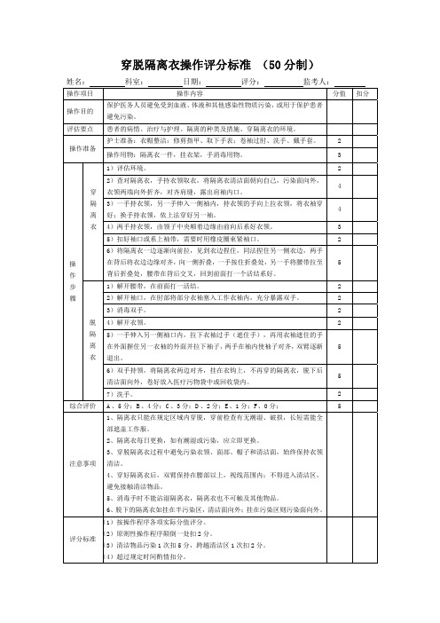 穿脱隔离衣操作评分标准表