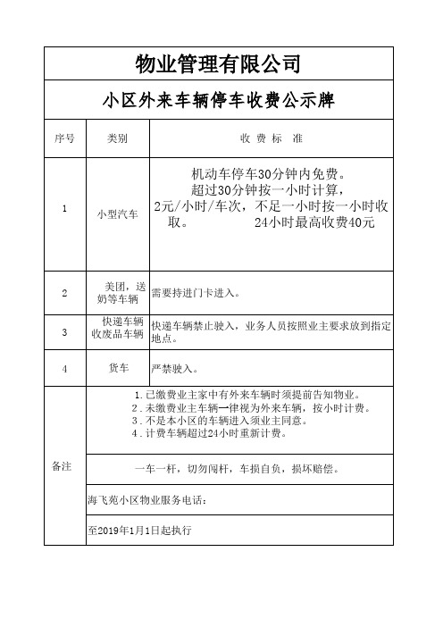 小区内停车服务收费公示牌