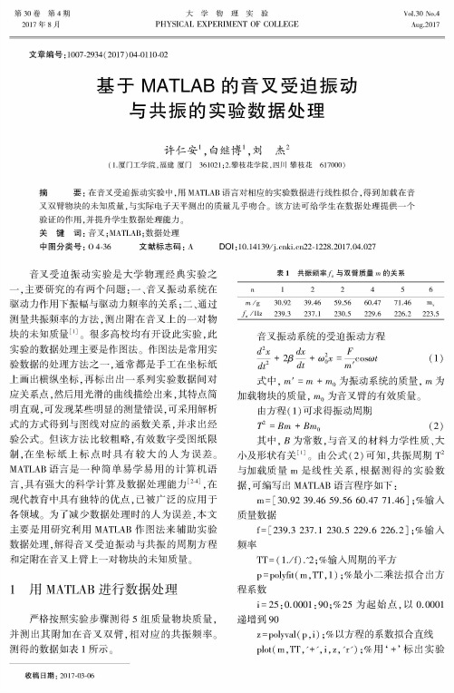 基于MATLAB的音叉受迫振动与共振的实验数据处理