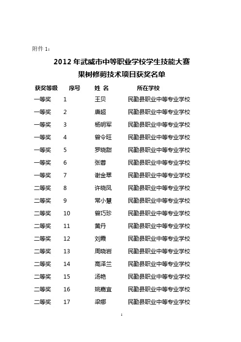 2012年武威市中等职业学校技能大赛获奖名单