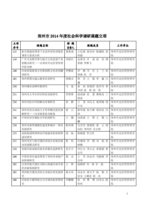 郑州市2014年度社会科学调研课题立项