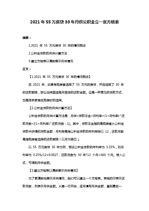 2021年55万房贷30年月供公积金立一张方格表